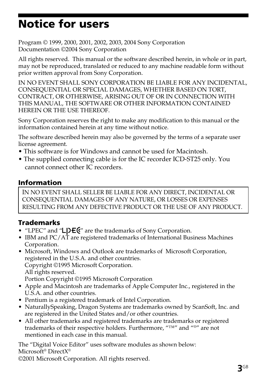 Notice for users | Sony ICD-ST25VTP User Manual | Page 3 / 72