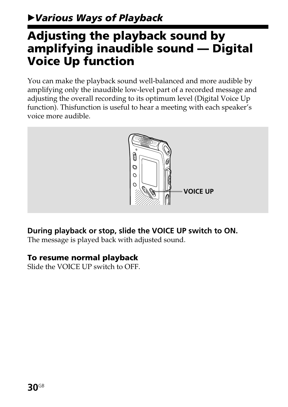 Various ways of playback, Voice up function, Bvarious ways of playback | Sony ICD-ST25VTP User Manual | Page 30 / 72