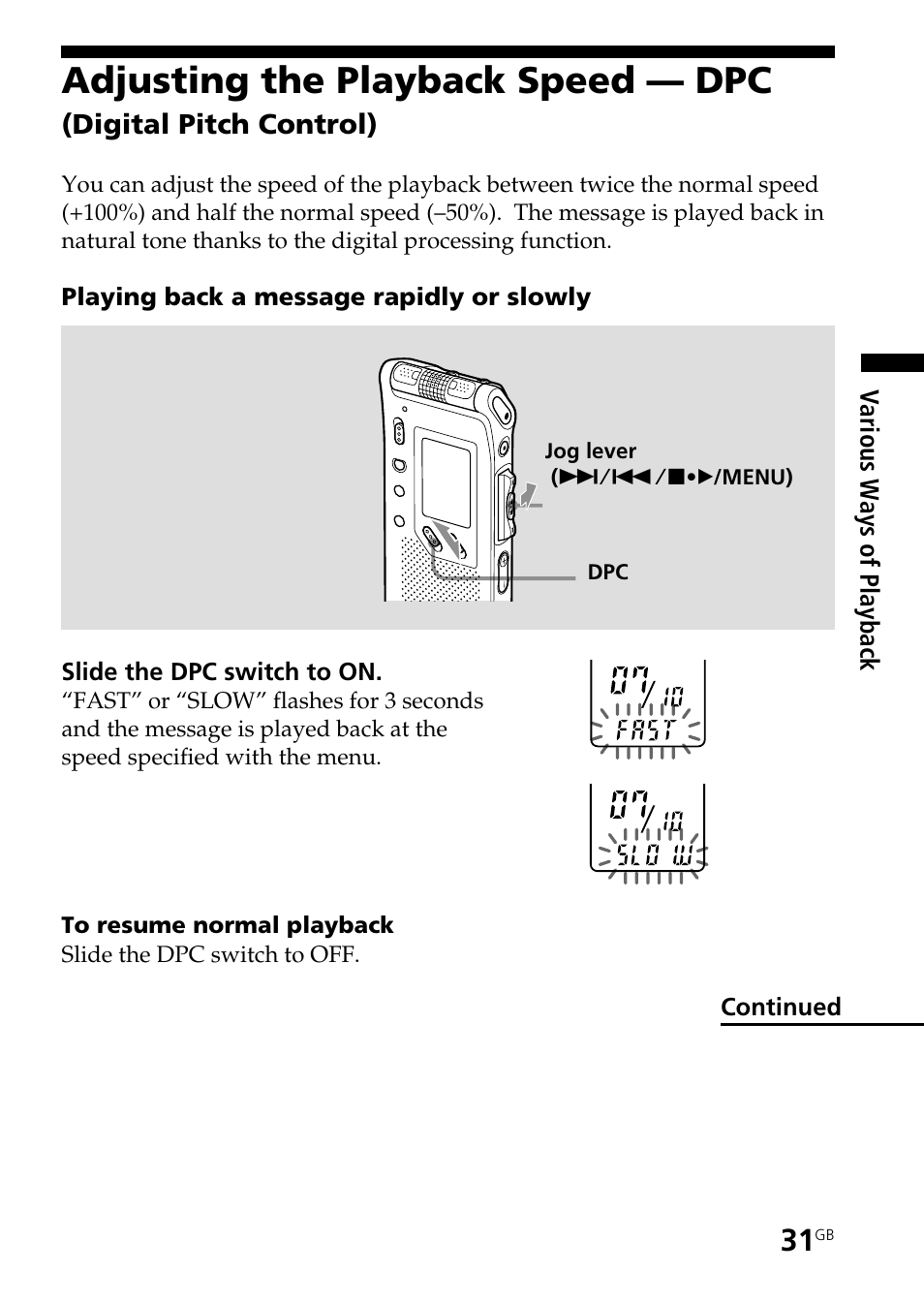 Adjusting the playback speed — dpc, Digital pitch control) | Sony ICD-ST25VTP User Manual | Page 31 / 72