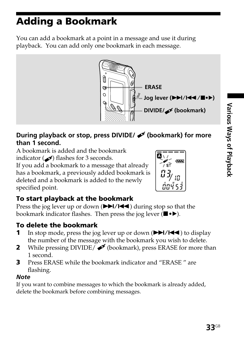 Adding a bookmark | Sony ICD-ST25VTP User Manual | Page 33 / 72