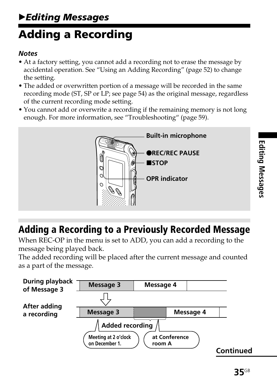 Adding a recording, Editing messages, Bediting messages | Sony ICD-ST25VTP User Manual | Page 35 / 72