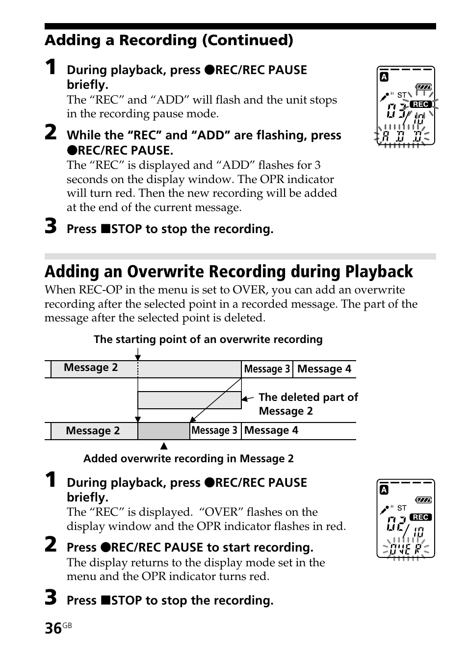 Adding an overwrite recording during playback | Sony ICD-ST25VTP User Manual | Page 36 / 72