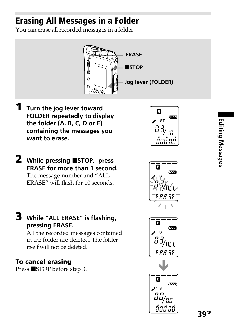 Erasing all messages in a folder | Sony ICD-ST25VTP User Manual | Page 39 / 72