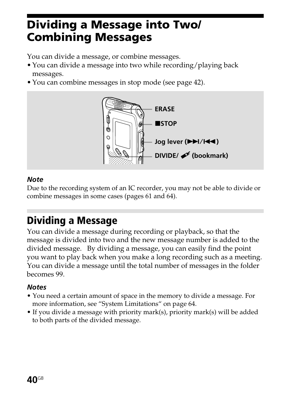 Dividing a message into two/combining messages, Dividing a message, Dividing a message into two/ combining messages | Sony ICD-ST25VTP User Manual | Page 40 / 72