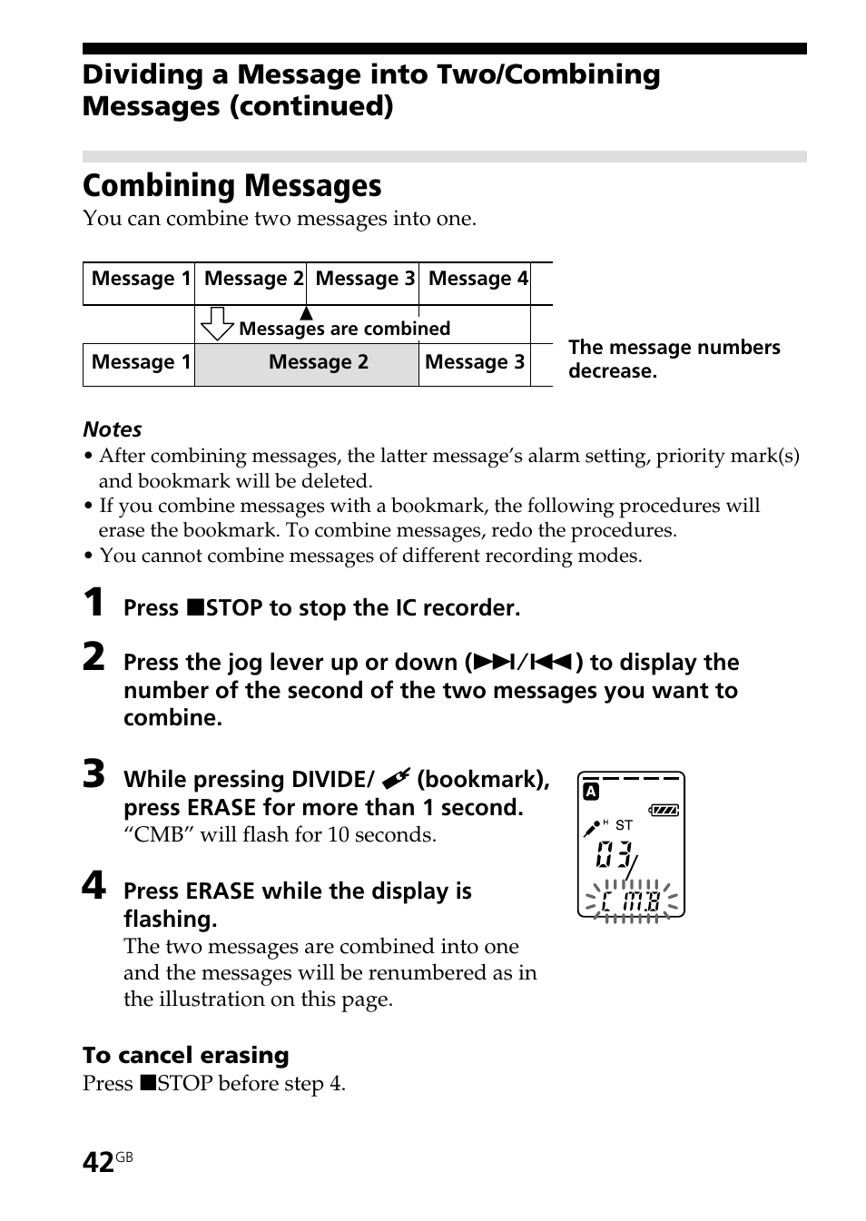 Combining messages | Sony ICD-ST25VTP User Manual | Page 42 / 72