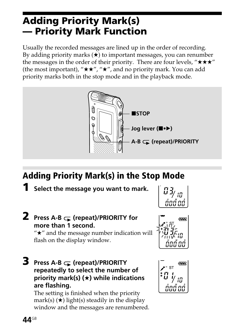 Adding priority mark(s) — priority mark function, Adding priority mark(s) in the stop mode | Sony ICD-ST25VTP User Manual | Page 44 / 72