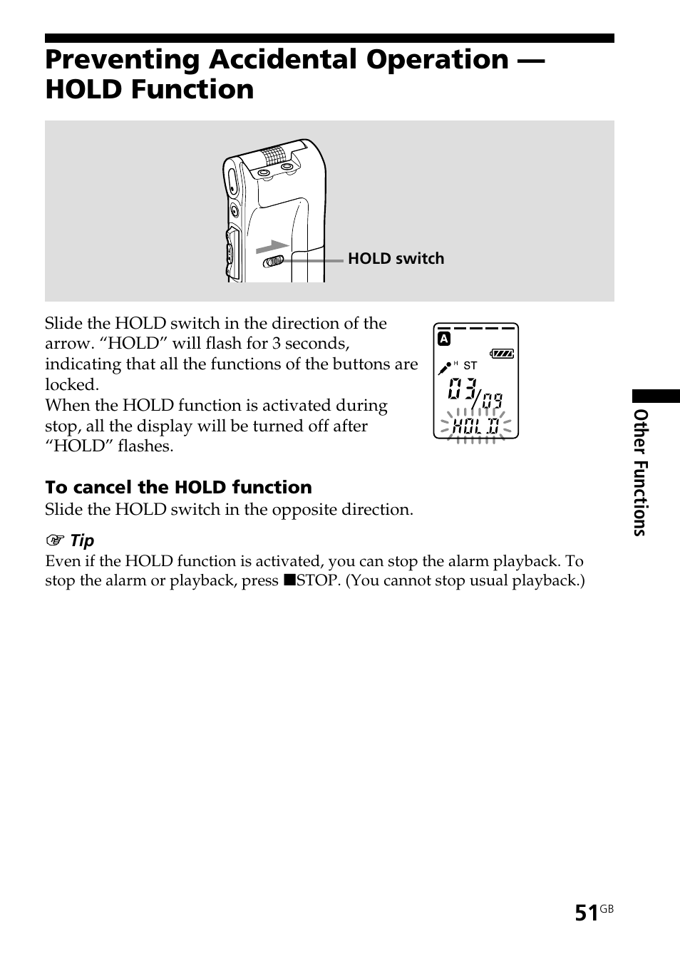 Preventing accidental operation — hold function | Sony ICD-ST25VTP User Manual | Page 51 / 72