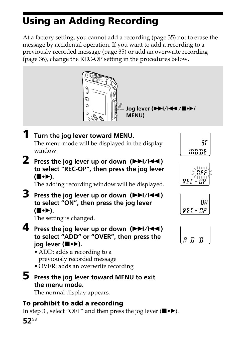 Using an adding recording | Sony ICD-ST25VTP User Manual | Page 52 / 72