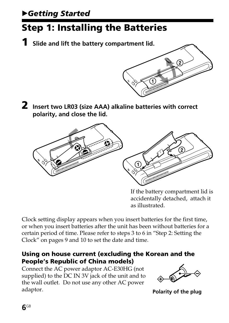 Step 1: installing the batteries, Getting started | Sony ICD-ST25VTP User Manual | Page 6 / 72