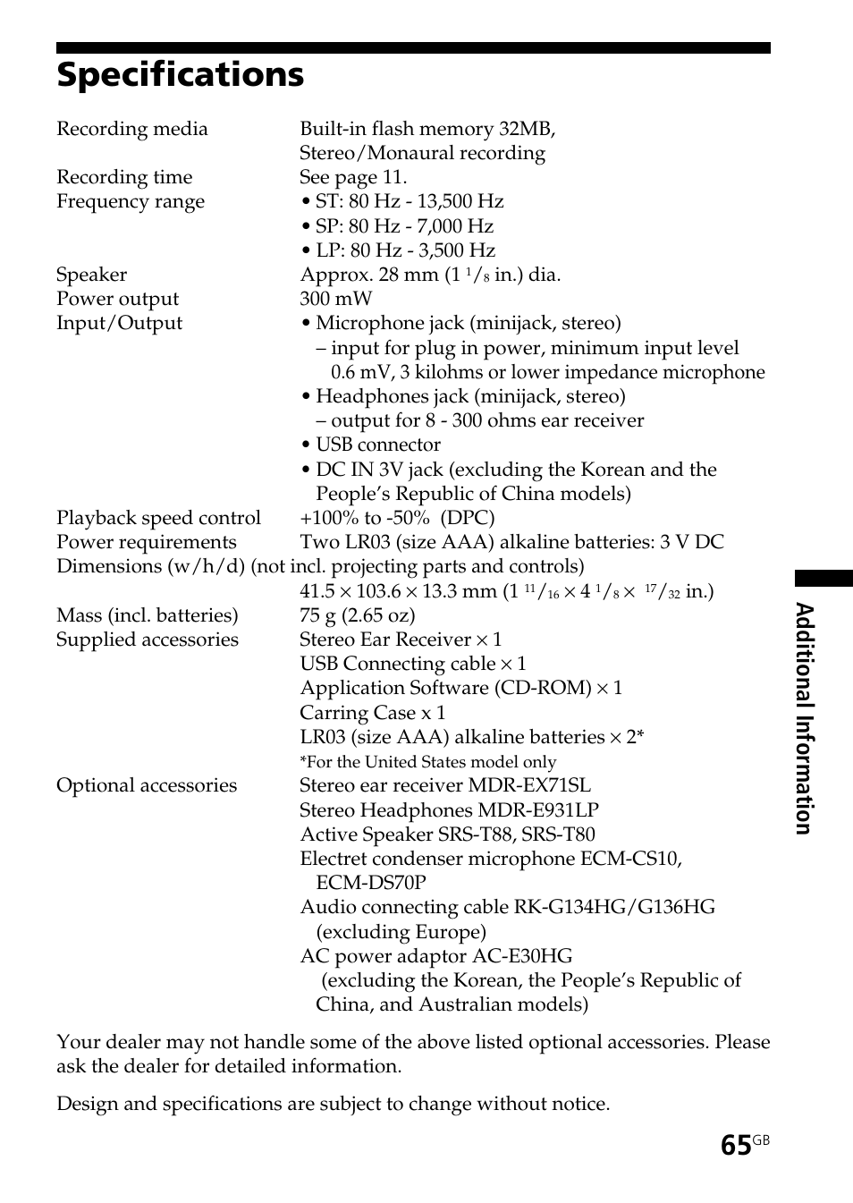 Specifications, Additional informatio n | Sony ICD-ST25VTP User Manual | Page 65 / 72