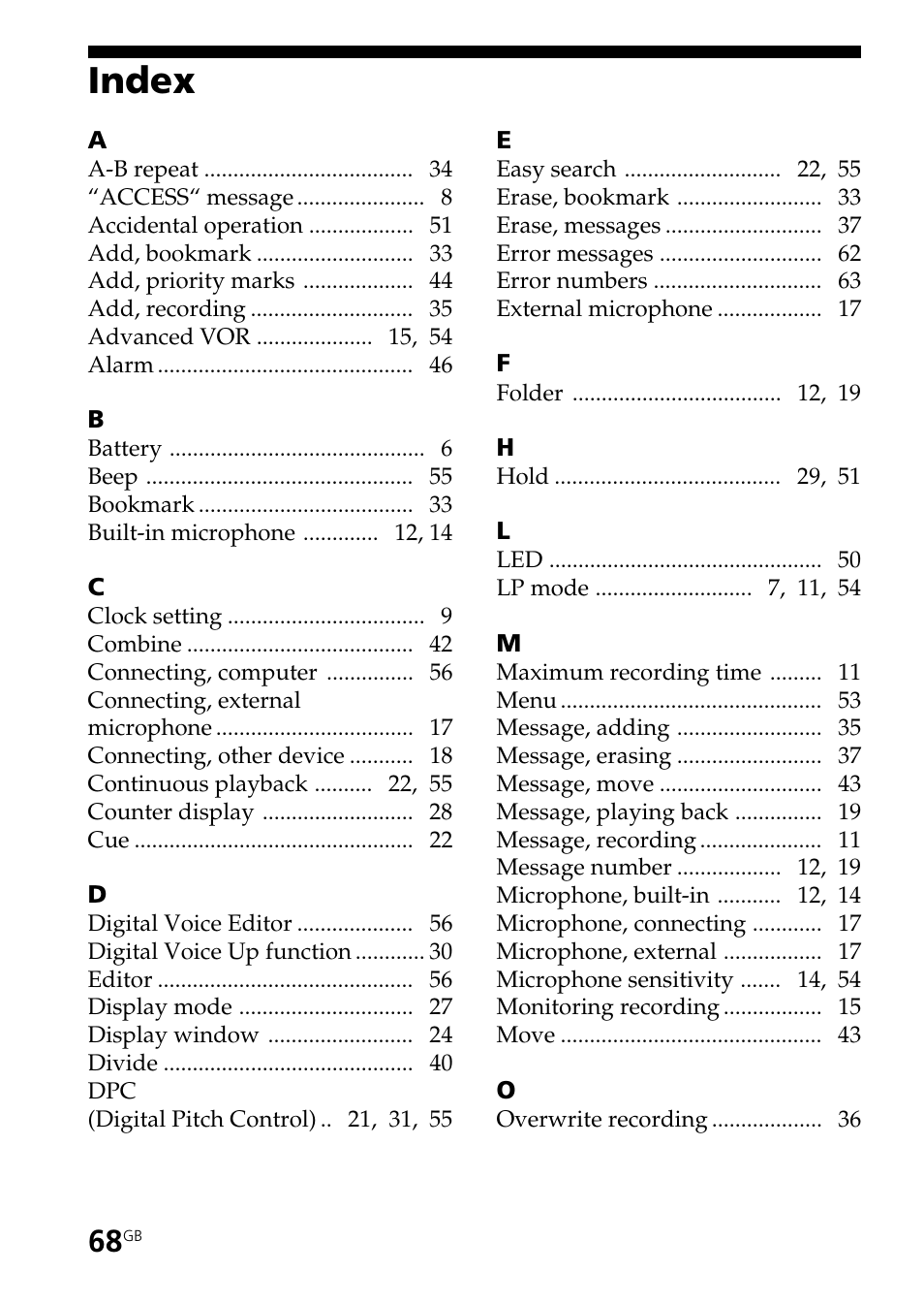 Index | Sony ICD-ST25VTP User Manual | Page 68 / 72