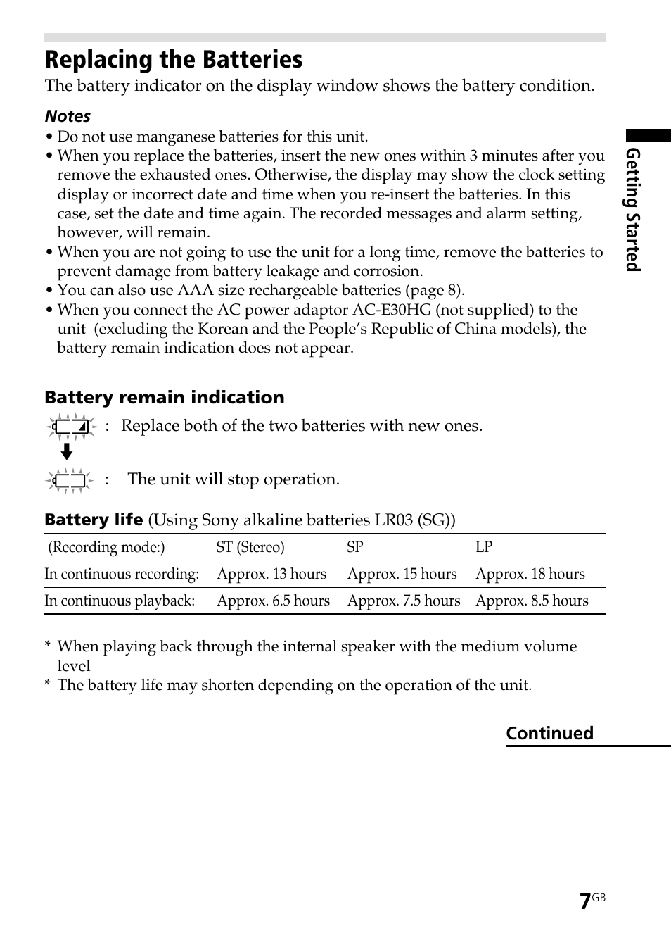 Replacing the batteries | Sony ICD-ST25VTP User Manual | Page 7 / 72