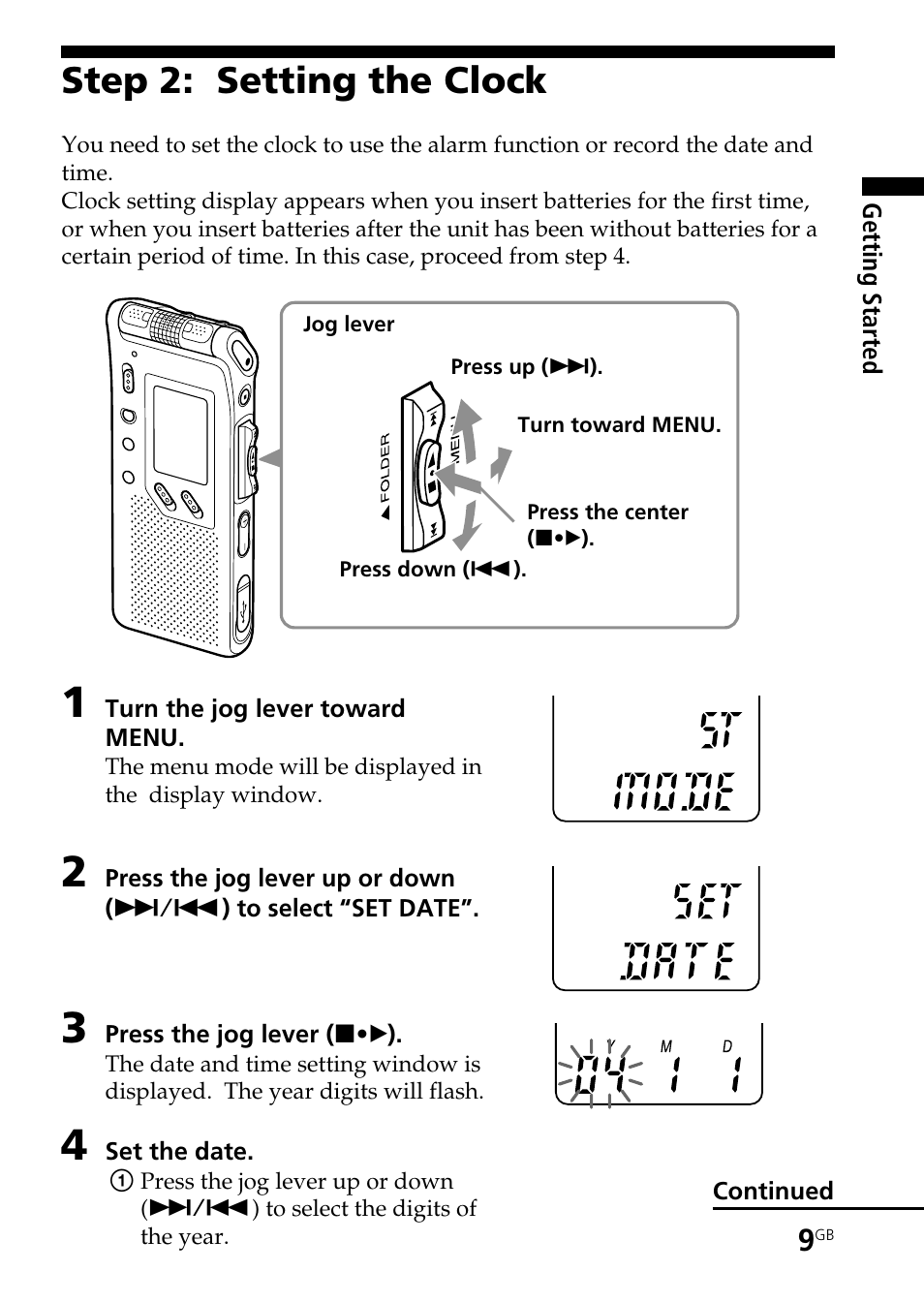 Step 2: setting the clock | Sony ICD-ST25VTP User Manual | Page 9 / 72