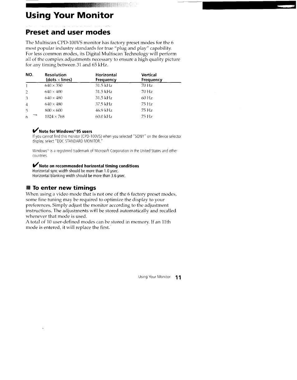Using your monitor, Preset and user modes, Horizontal | Vertical, Note for windows® 95 users, Note on recommended horizontal timing conditions, To enter new timings | Sony CPD-100VS User Manual | Page 11 / 24