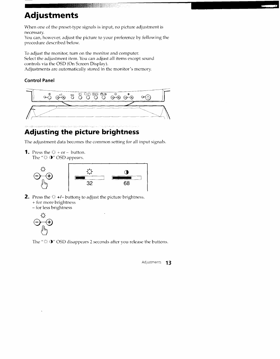 Adjustments, Adjusting the picture brightness | Sony CPD-100VS User Manual | Page 13 / 24