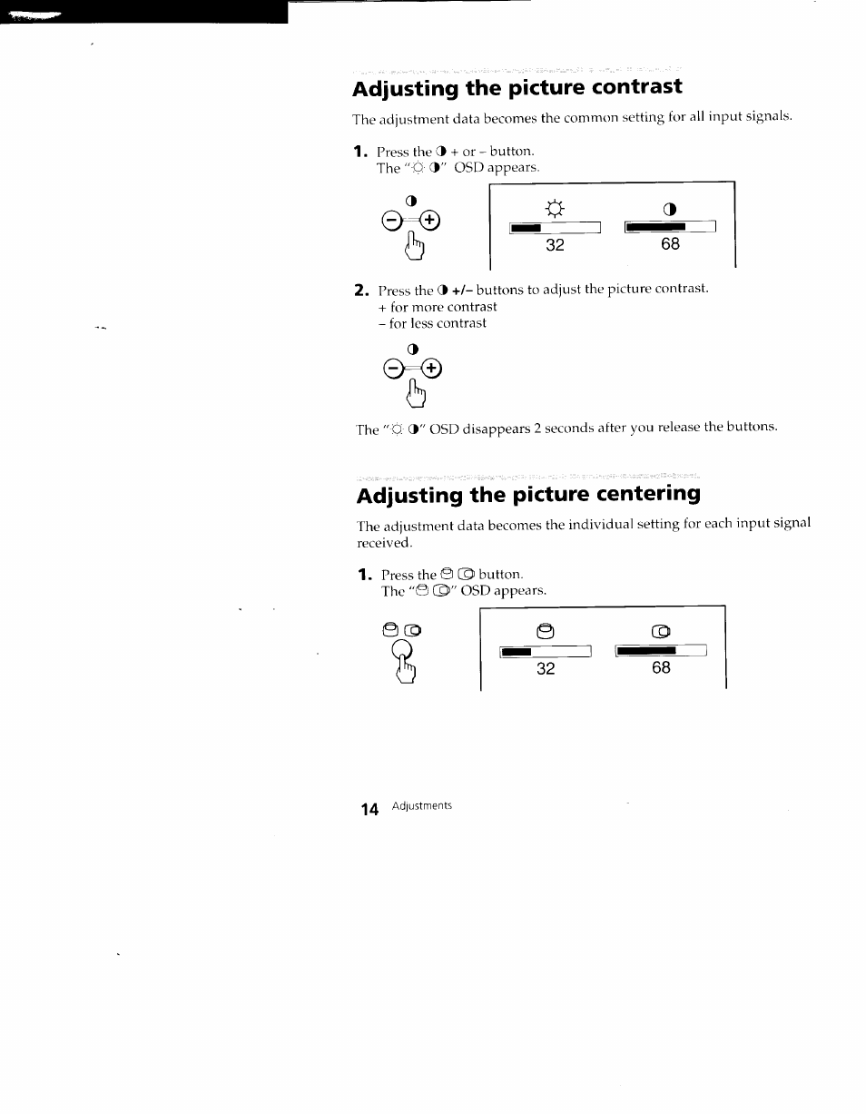 Adjusting the picture contrast, Adjusting the picture centering | Sony CPD-100VS User Manual | Page 14 / 24