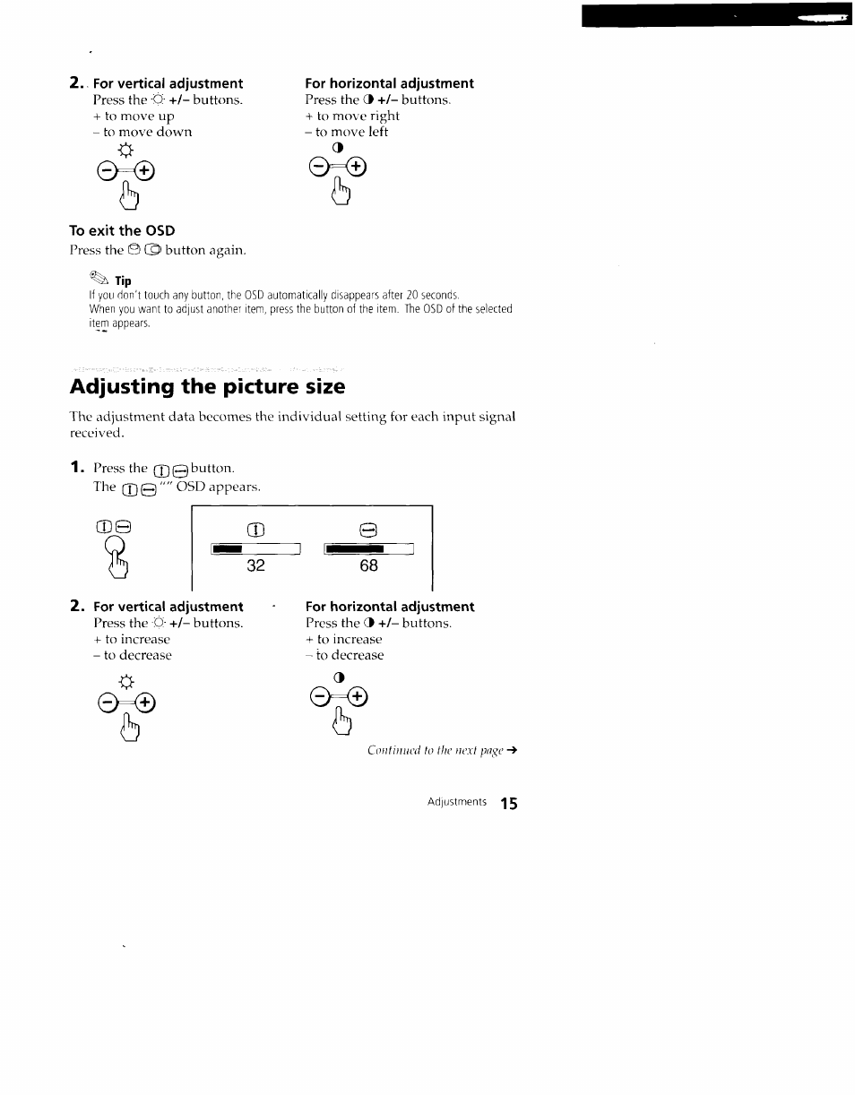 Adjusting the picture size | Sony CPD-100VS User Manual | Page 15 / 24