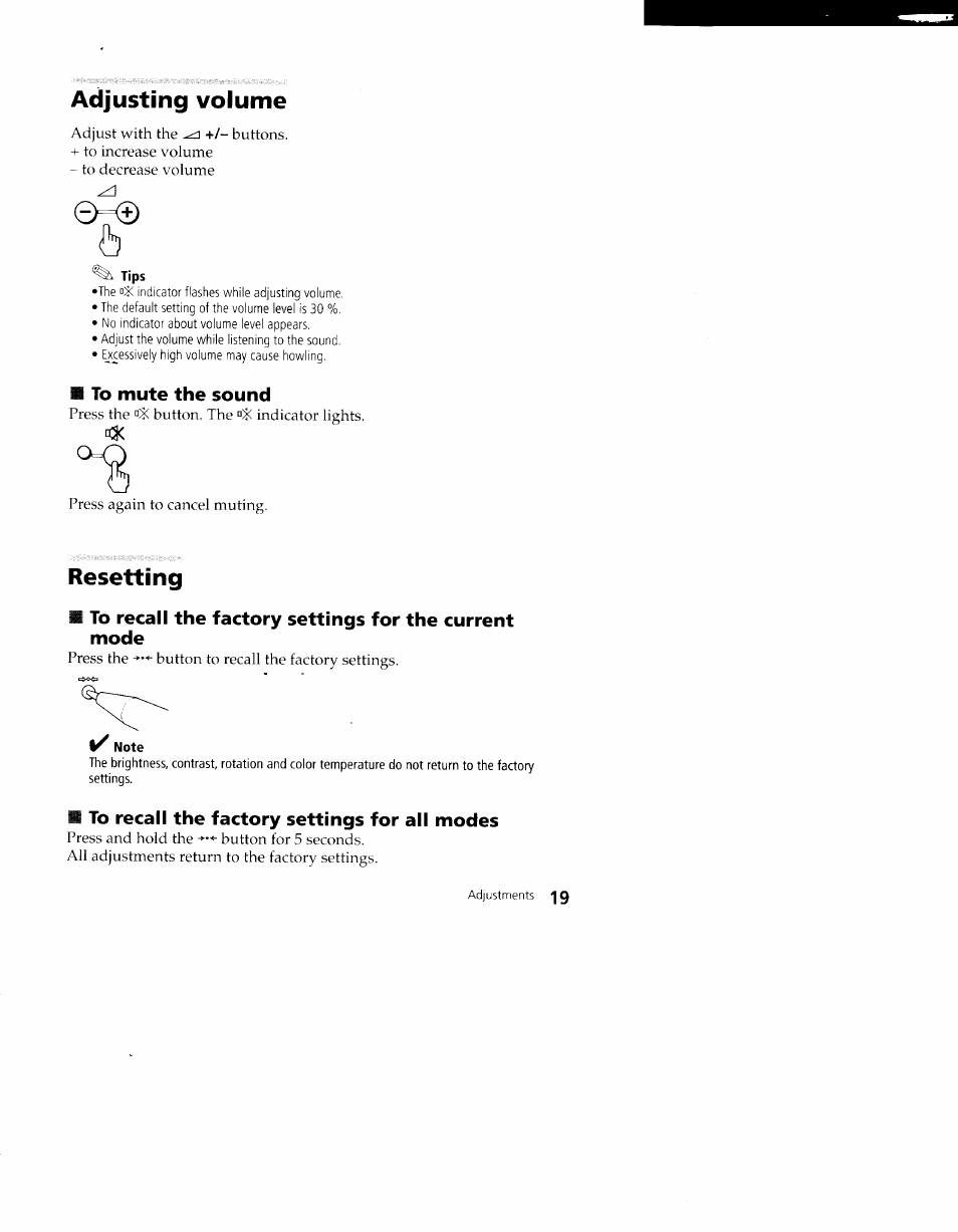 Adjusting volume, Tips, To mute the sound | Resetting, Note, To recall the factory settings for all modes, Adjusting volume resetting | Sony CPD-100VS User Manual | Page 19 / 24