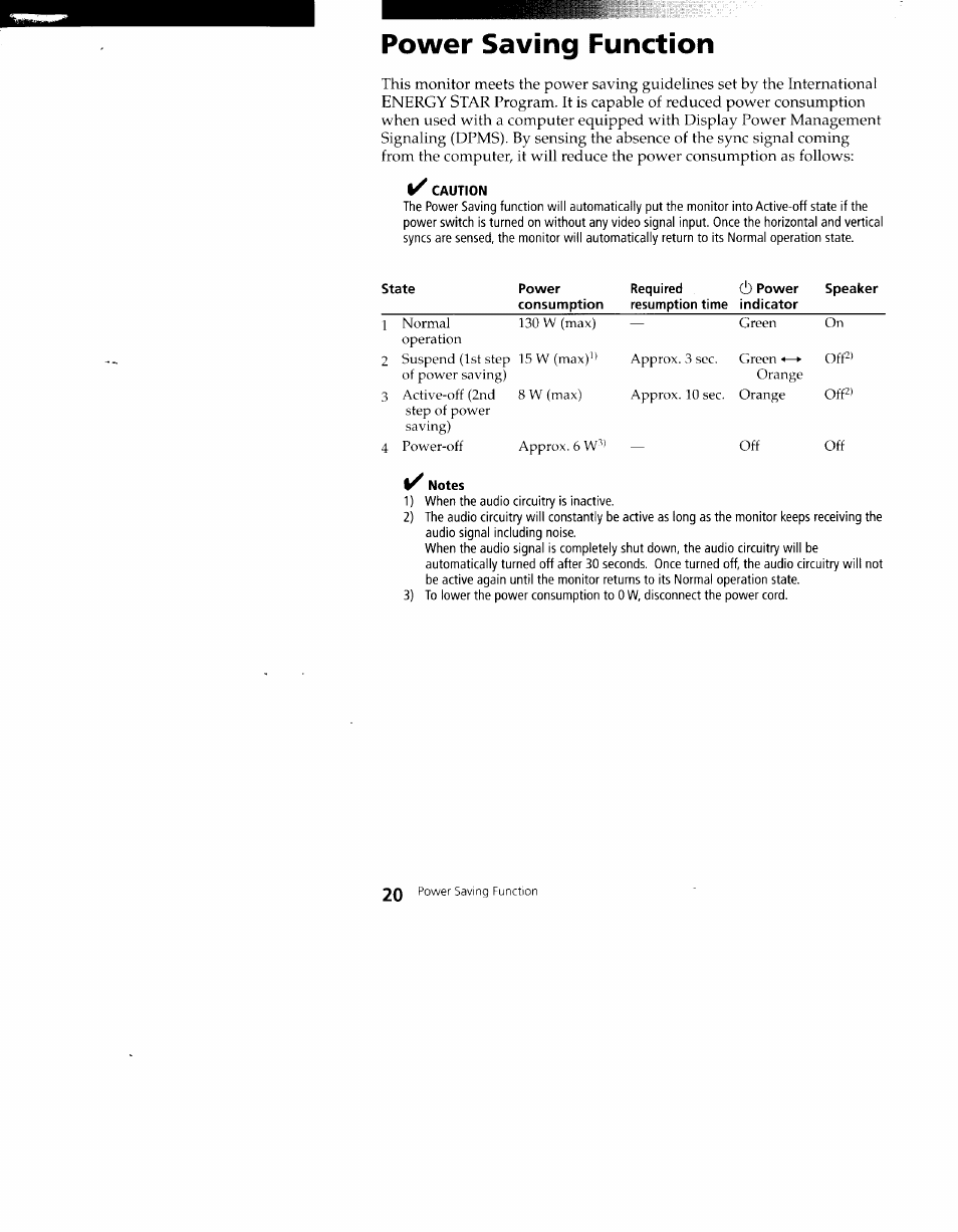 Power saving function, Caution, Power required ò power speaker | Notes | Sony CPD-100VS User Manual | Page 20 / 24