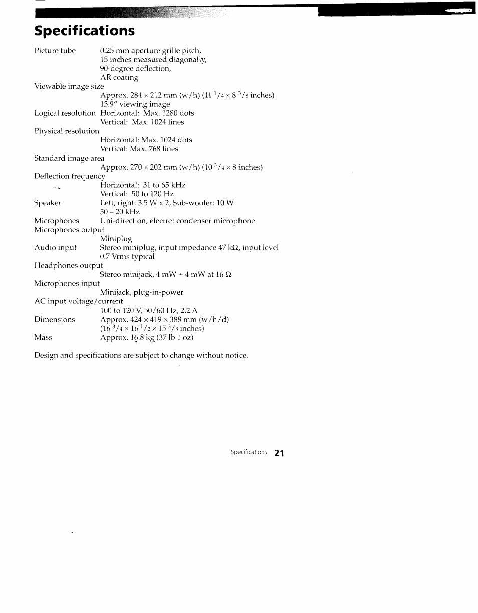 Specifications | Sony CPD-100VS User Manual | Page 21 / 24