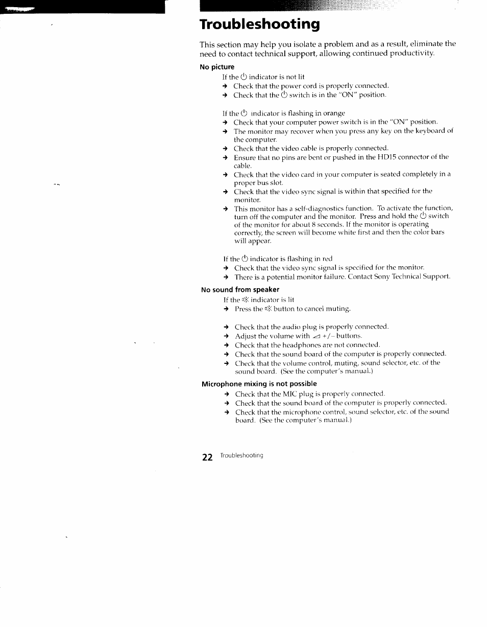 Troubleshooting | Sony CPD-100VS User Manual | Page 22 / 24