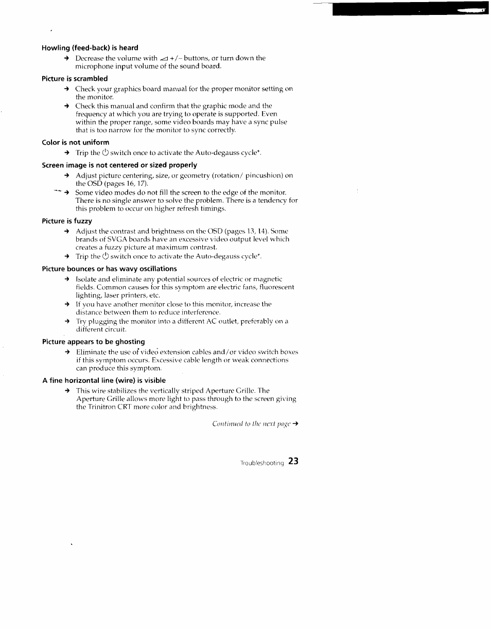 Howling (feed-back) is heard, Picture is scrambled, Color is not uniform | Sony CPD-100VS User Manual | Page 23 / 24