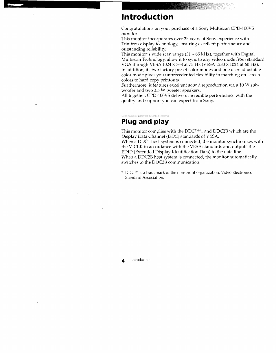 Introduction, Plug and play | Sony CPD-100VS User Manual | Page 4 / 24