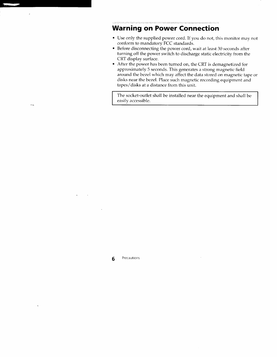 Warning on power connection | Sony CPD-100VS User Manual | Page 6 / 24