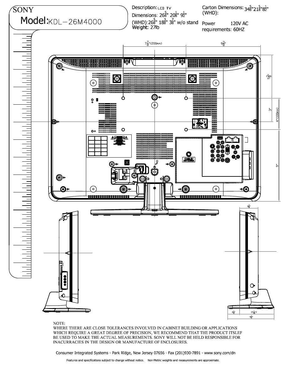 Model | Sony KDL-26M4000 User Manual | Page 2 / 3