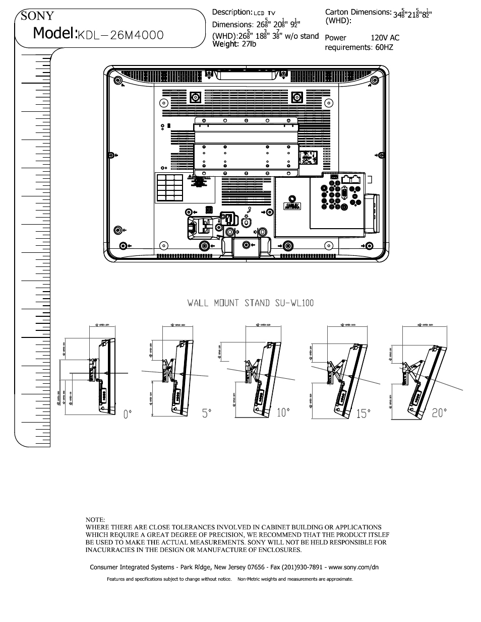 Wall mdunt stand su-vlioo, Model | Sony KDL-26M4000 User Manual | Page 3 / 3