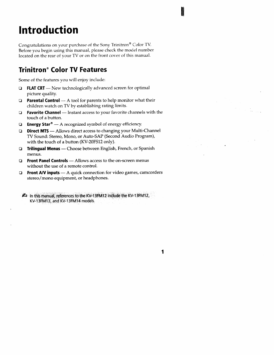 Introduction, Trinitron® color tv features | Sony wega KV-20FS12 User Manual | Page 10 / 41