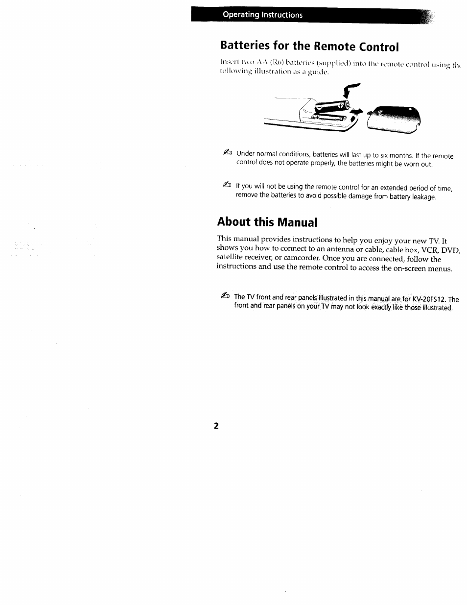 Batteries for the remote control, About this manual | Sony wega KV-20FS12 User Manual | Page 11 / 41