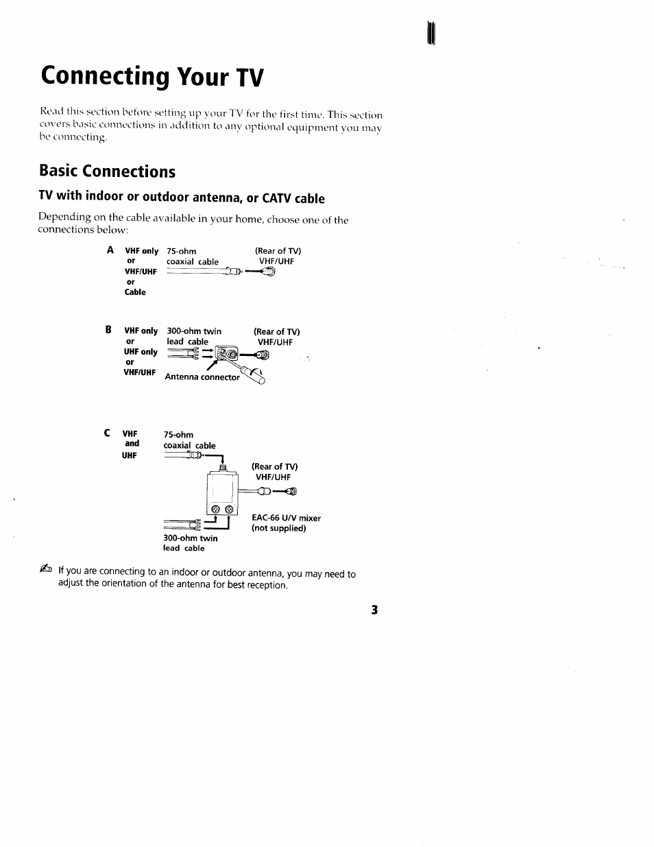 Connecting your tv, Basic connections, Tv with indoor or outdoor antenna, or catv cable | Sony wega KV-20FS12 User Manual | Page 12 / 41