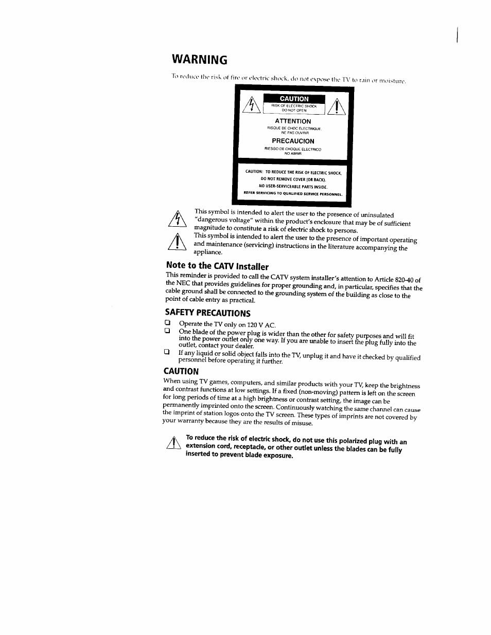 Warning, Note to the catv installer, Safety precautions | Caution | Sony wega KV-20FS12 User Manual | Page 2 / 41