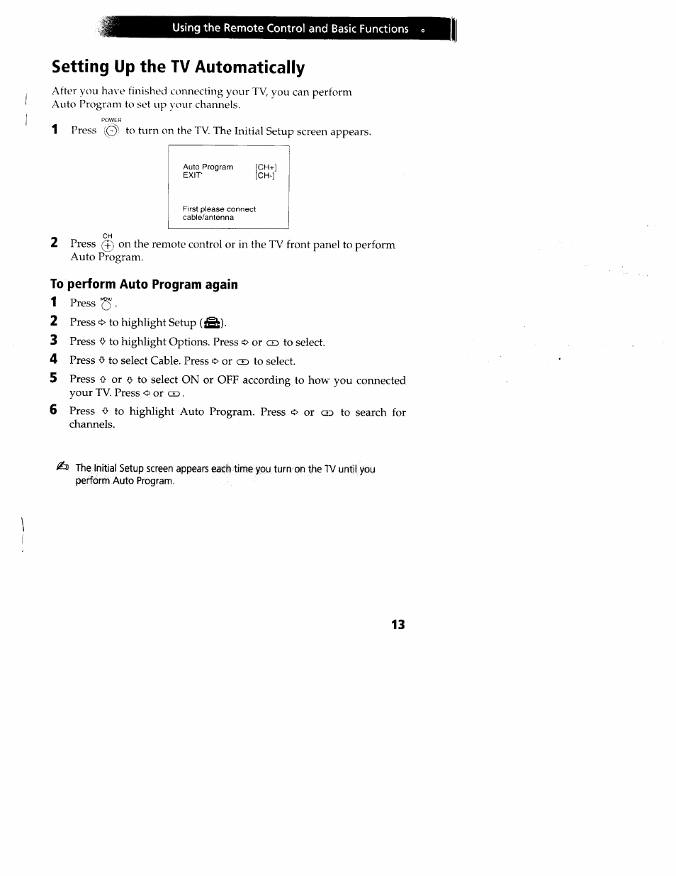 Setting up the tv automatically, To perform auto program again | Sony wega KV-20FS12 User Manual | Page 22 / 41