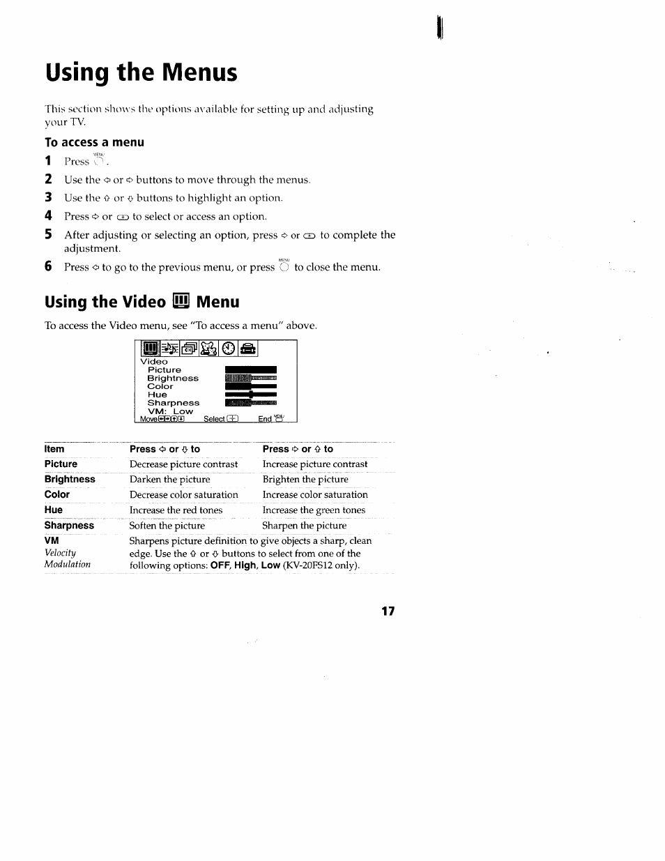Using the menus, To access a menu, Using the video m menu | Using the video menu, Using the video, Menu | Sony wega KV-20FS12 User Manual | Page 26 / 41