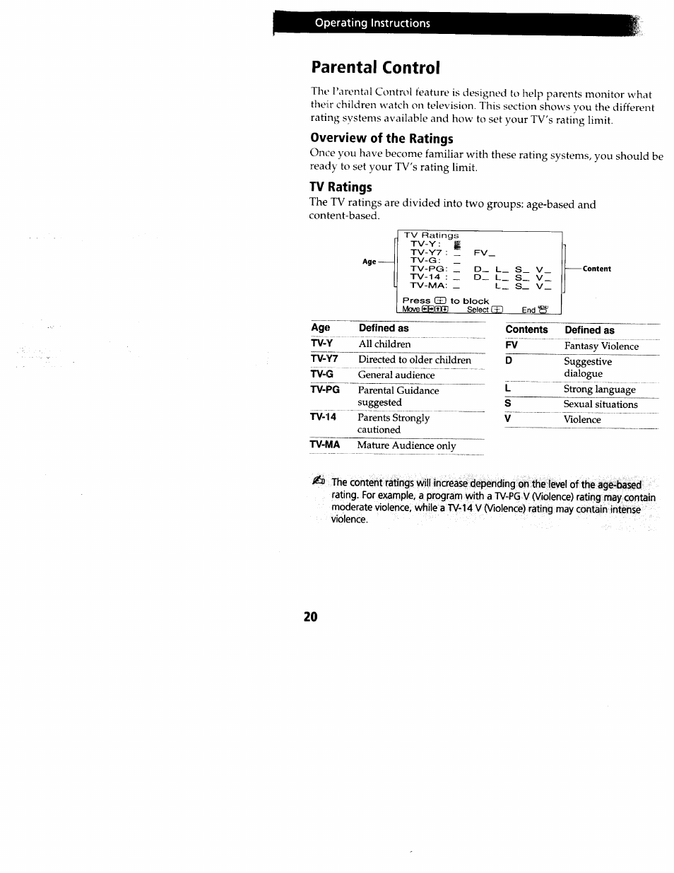 Parental control, Overview of the ratings, Tv ratings | Operating instructions, S_ v | Sony wega KV-20FS12 User Manual | Page 29 / 41