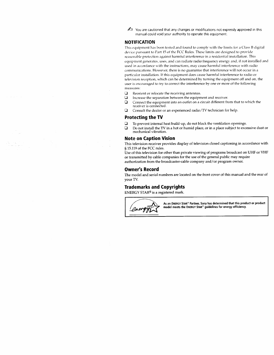Notification, Protecting the tv, Note on caption vision | Owner's record, Trademarks and copyrights | Sony wega KV-20FS12 User Manual | Page 3 / 41