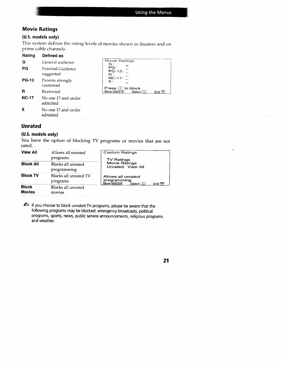 Movie ratings, U.s. models only), Rating defined as | Unrated, View all | Sony wega KV-20FS12 User Manual | Page 30 / 41