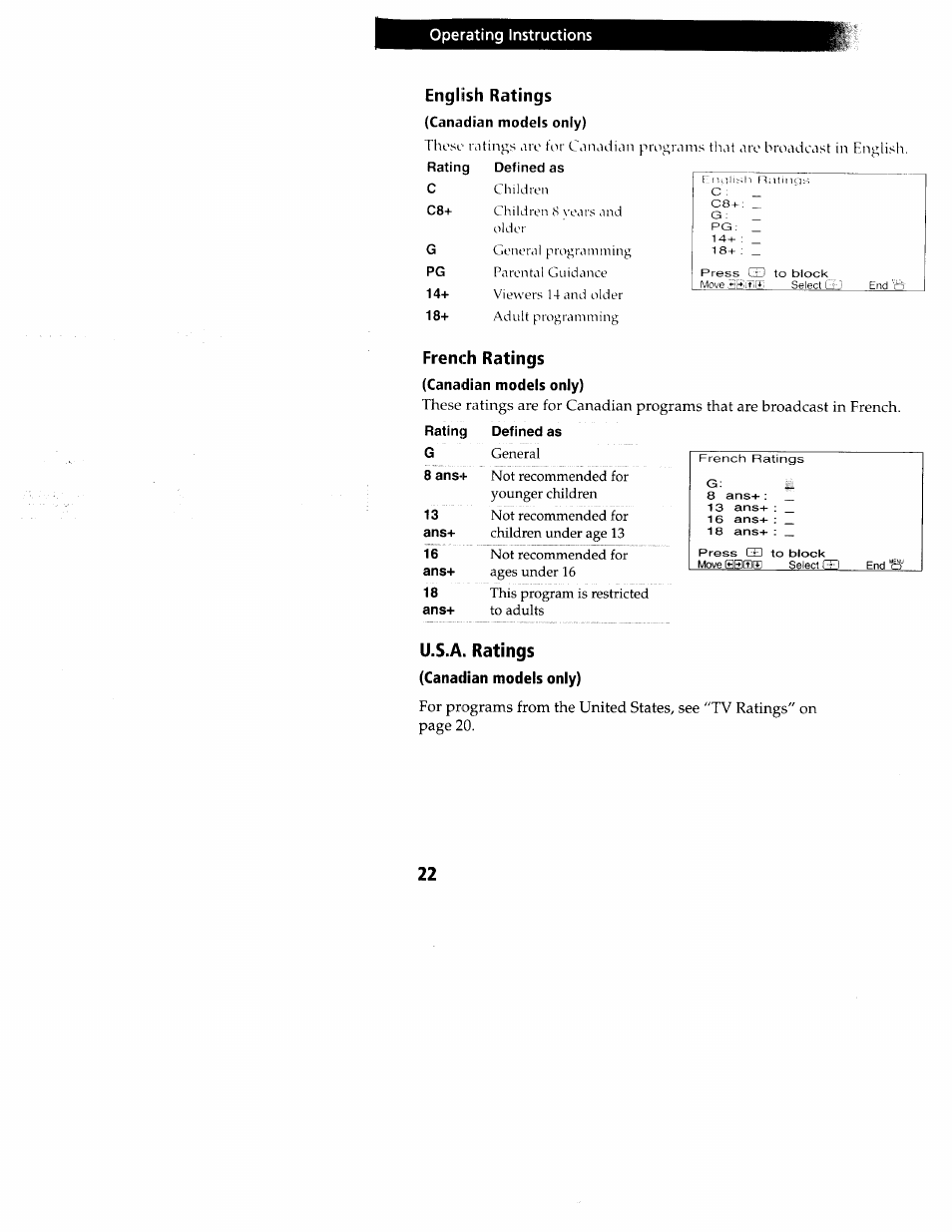 English ratings, French ratings, U.s.a. ratings | Canadian models only), Operating instructions | Sony wega KV-20FS12 User Manual | Page 31 / 41