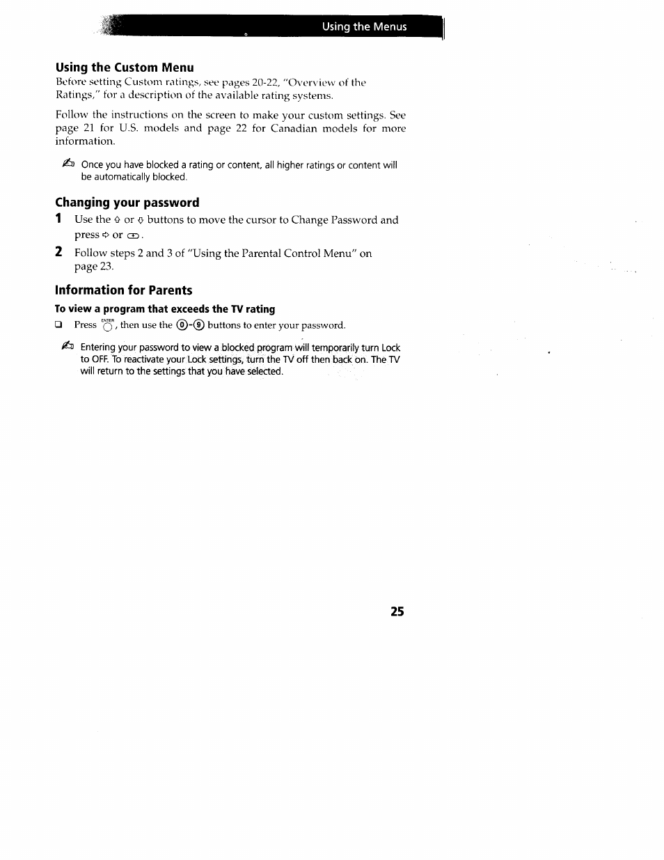 Using the custom menu, Changing your password, Information for parents | To view a program that exceeds the tv rating, Using the setup & menu | Sony wega KV-20FS12 User Manual | Page 34 / 41