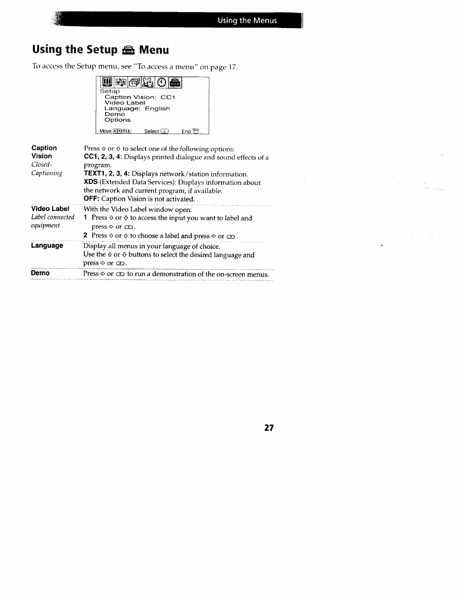 Using the setup ^ menu | Sony wega KV-20FS12 User Manual | Page 36 / 41