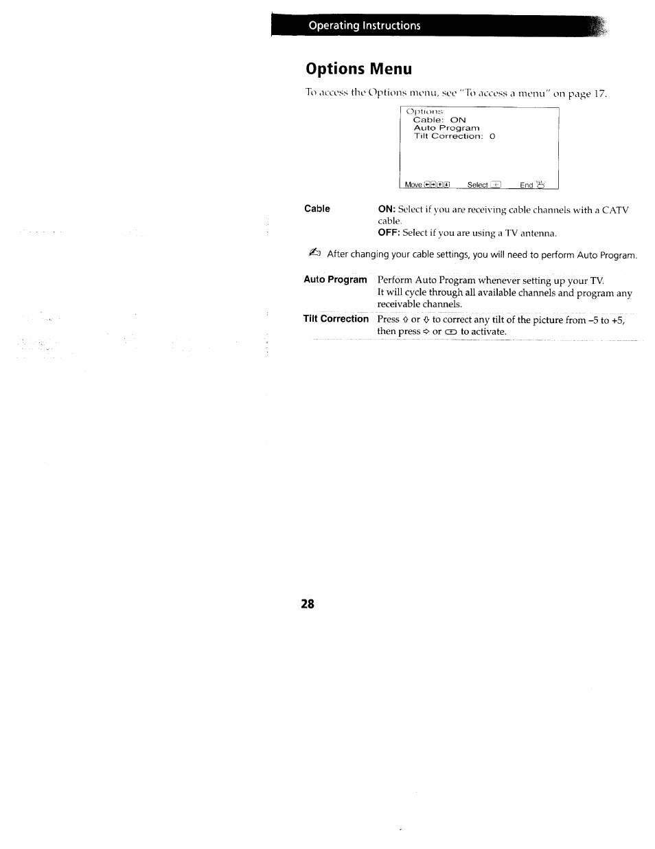 Options menu | Sony wega KV-20FS12 User Manual | Page 37 / 41
