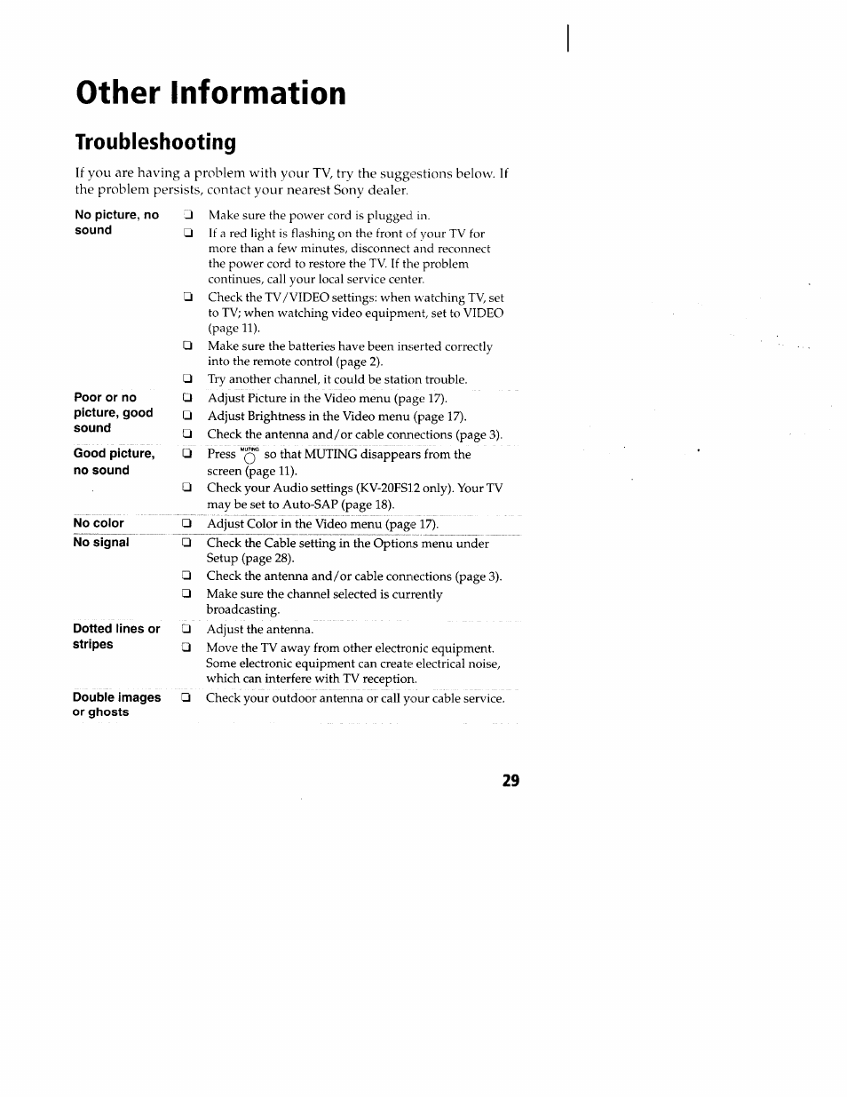 Other information, Troubleshooting, No picture, no sound | Poor or no picture, good sound, Good picture, no sound | Sony wega KV-20FS12 User Manual | Page 38 / 41