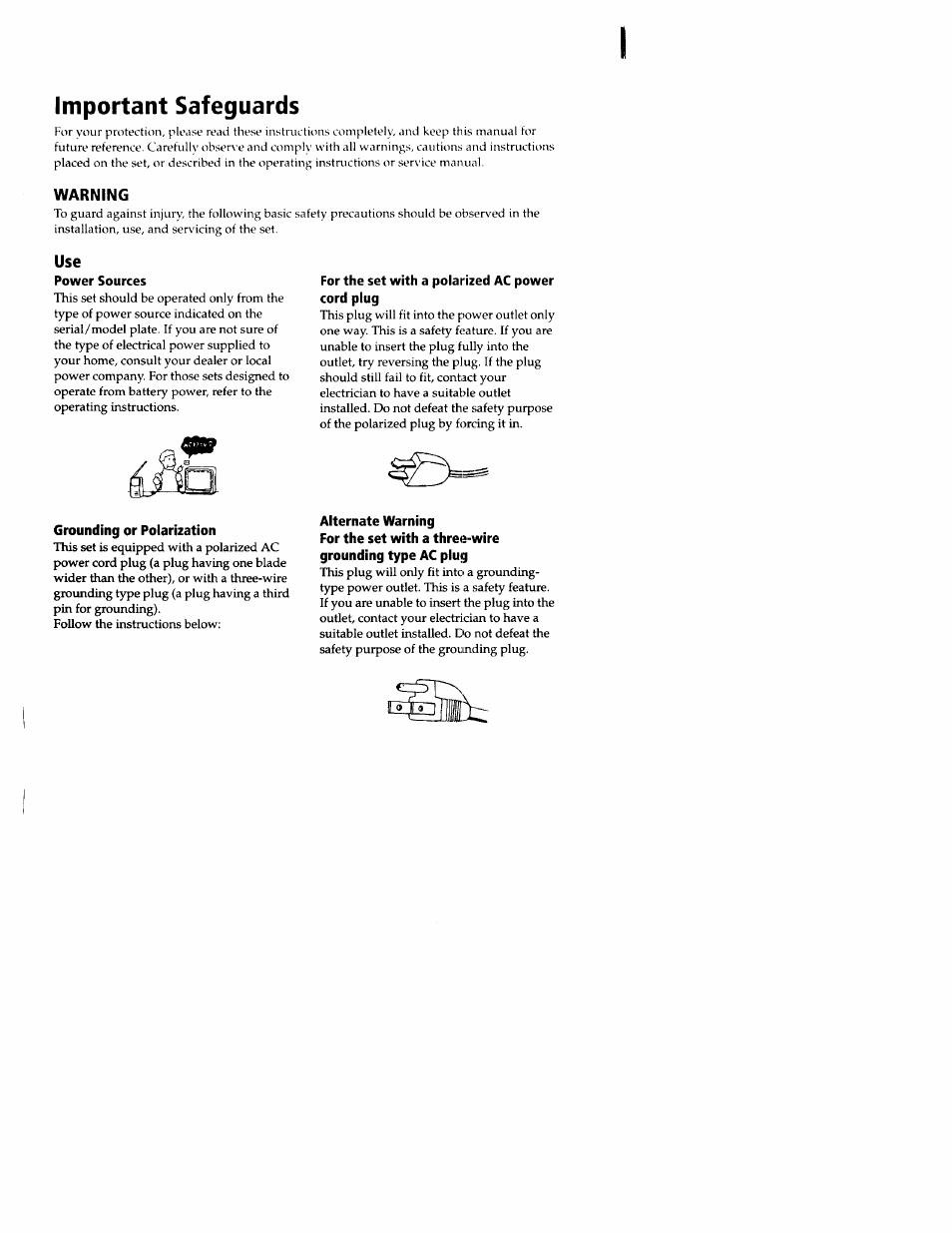 Important safeguards, Warning, Power sources | Grounding or polarization, For the set with a polarized ac power cord plug, Alternate warning, For the set with a three-wire, Grounding type ac plug | Sony wega KV-20FS12 User Manual | Page 4 / 41