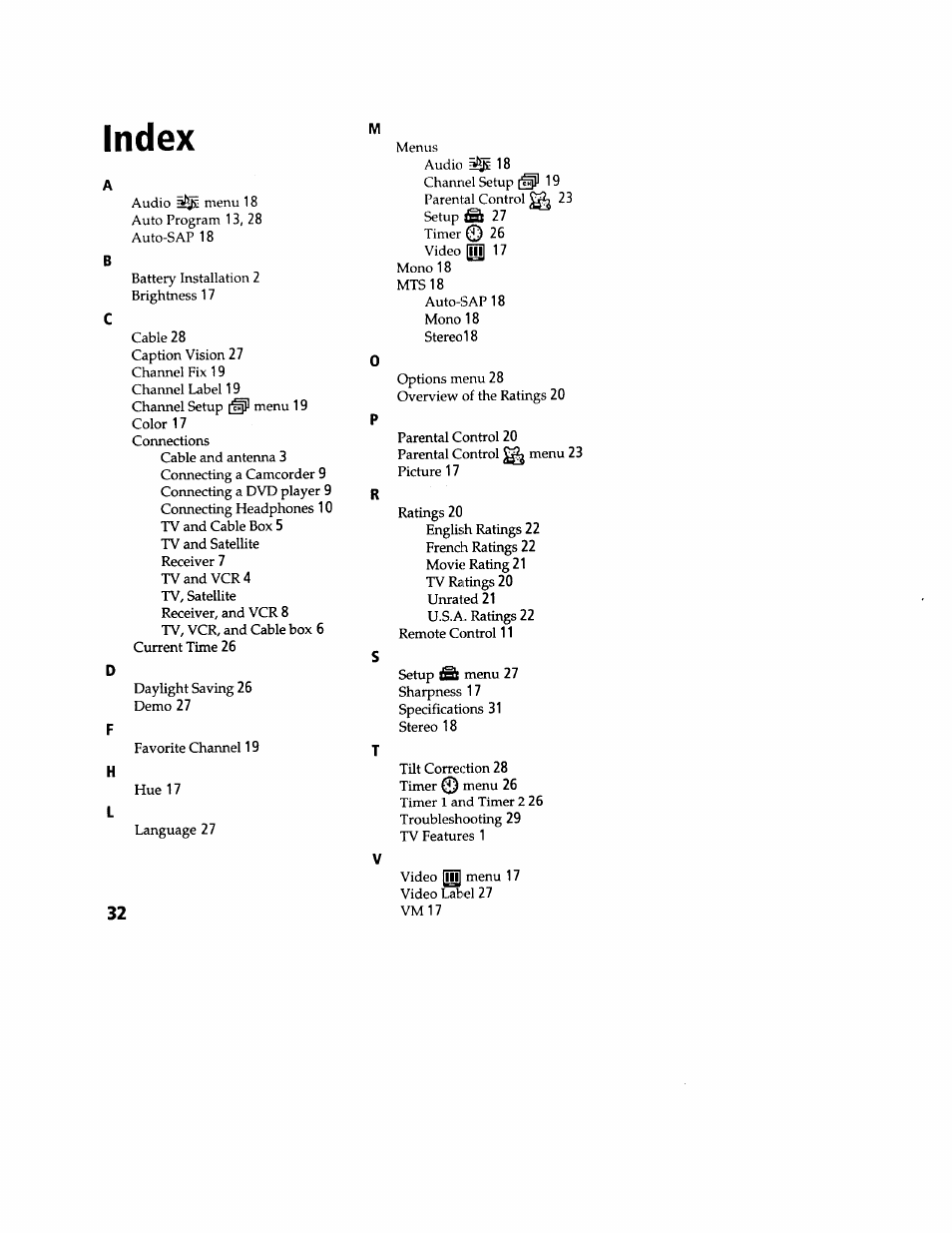 Index | Sony wega KV-20FS12 User Manual | Page 41 / 41