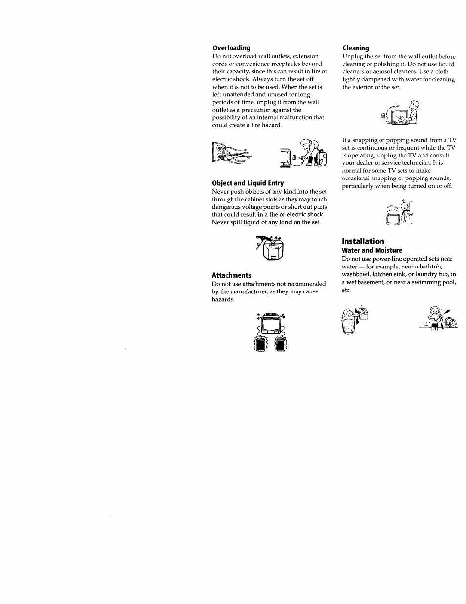 Object and liquid entry, Attachments, Installation | Water and moisture | Sony wega KV-20FS12 User Manual | Page 5 / 41