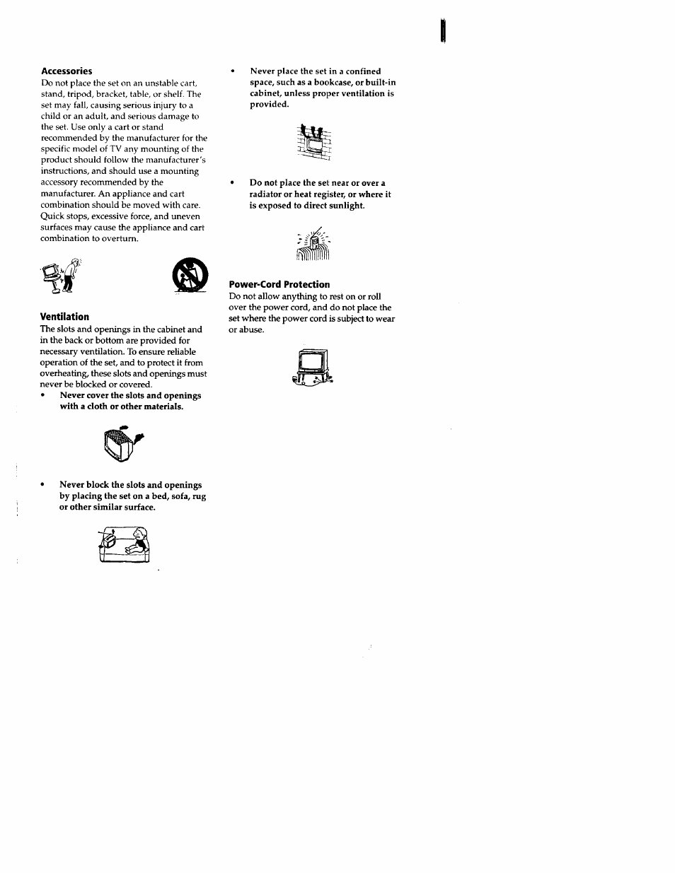 Accessories, Ventilation, Power-cord protection | Sony wega KV-20FS12 User Manual | Page 6 / 41