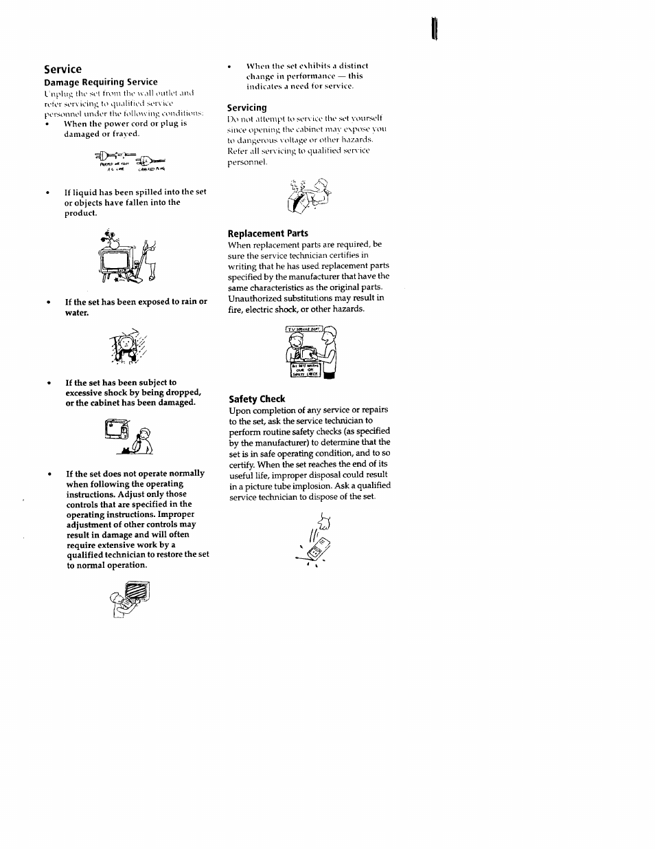 Service, Replacement parts, Safety check | Sony wega KV-20FS12 User Manual | Page 8 / 41