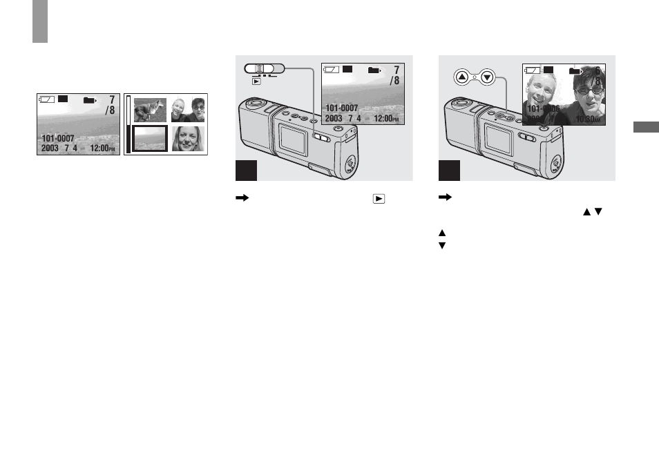 Enjoying still images, Viewing still images on the lcd screen, Viewing single images | Viewing still images on the lcd, Screen, Single (single-image) screen, Index (four-image) screen | Sony DSC-U50 User Manual | Page 35 / 92